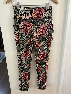 DKNY Pink & Olive Tropical Print High-Waist Leggings